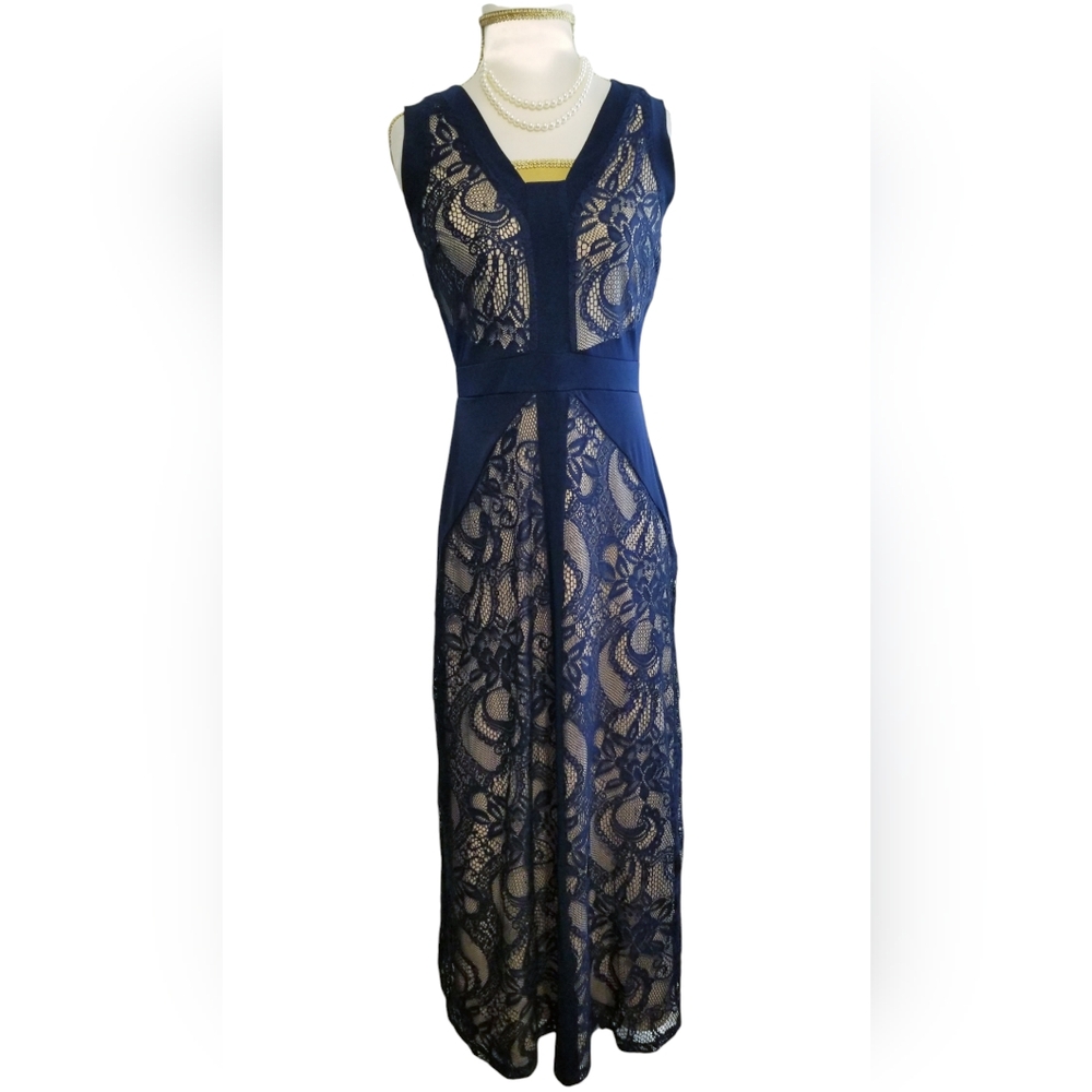 Candalite Petite Lace Navy Nude Sleeveless Maxi Dress
